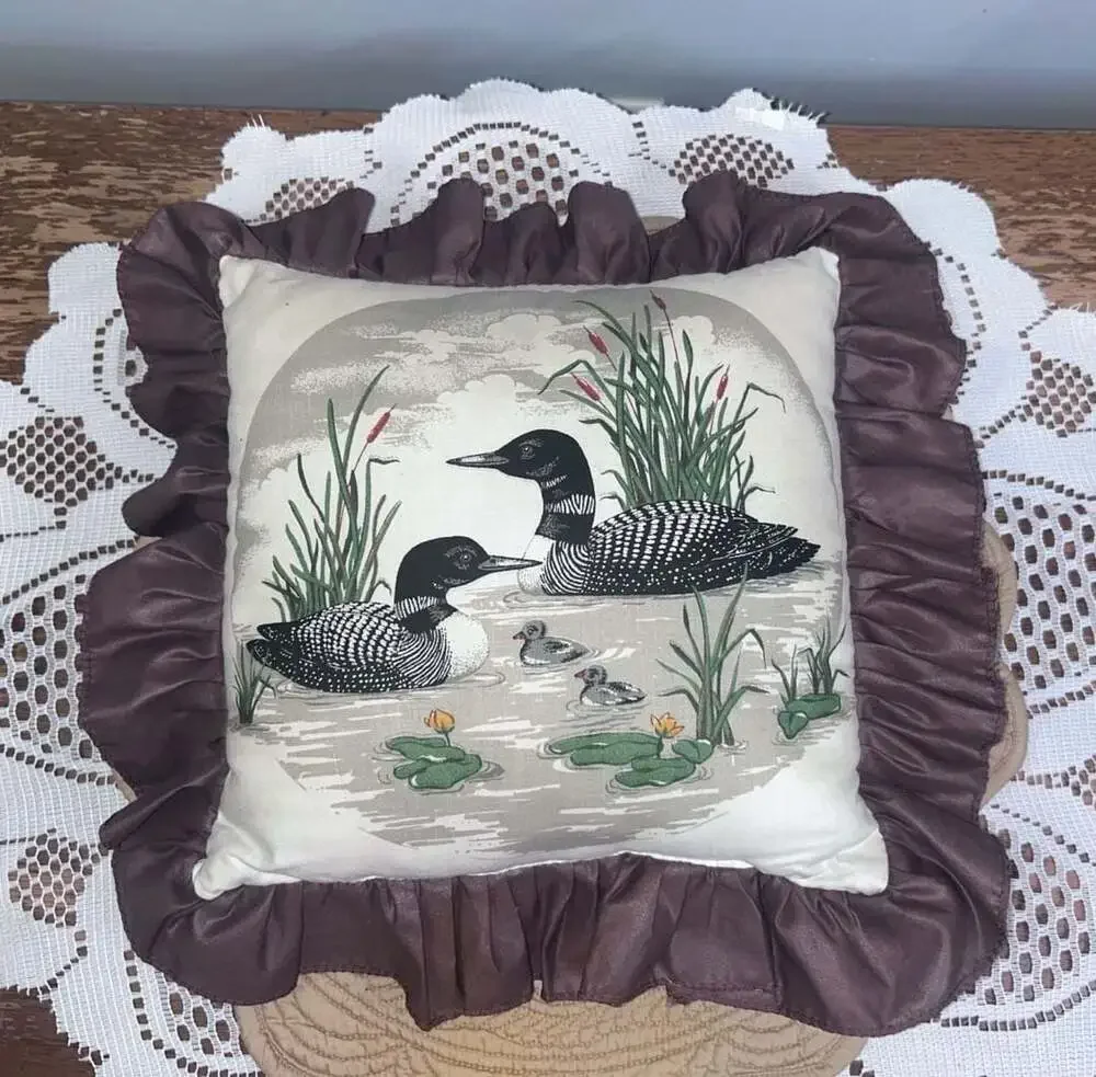Vintage Loon Lake Tapestry Decorative Accent Pillow with Brown Ruffle Trim